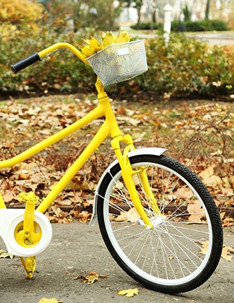 A yellow bicycle surrounded by fallen leaves